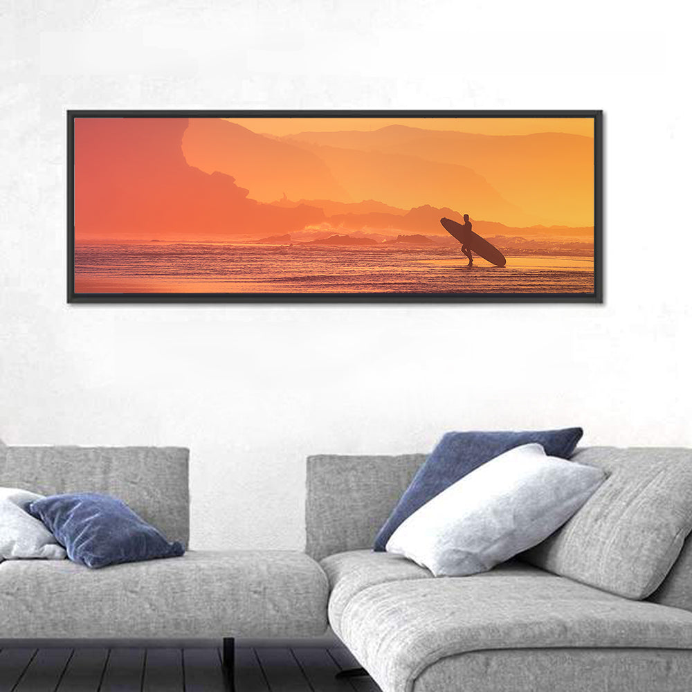Surfer Silhouette at Golden Sunset Wall Art