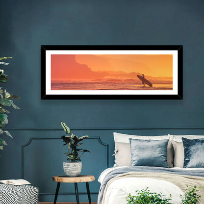 Surfer Silhouette at Golden Sunset Wall Art