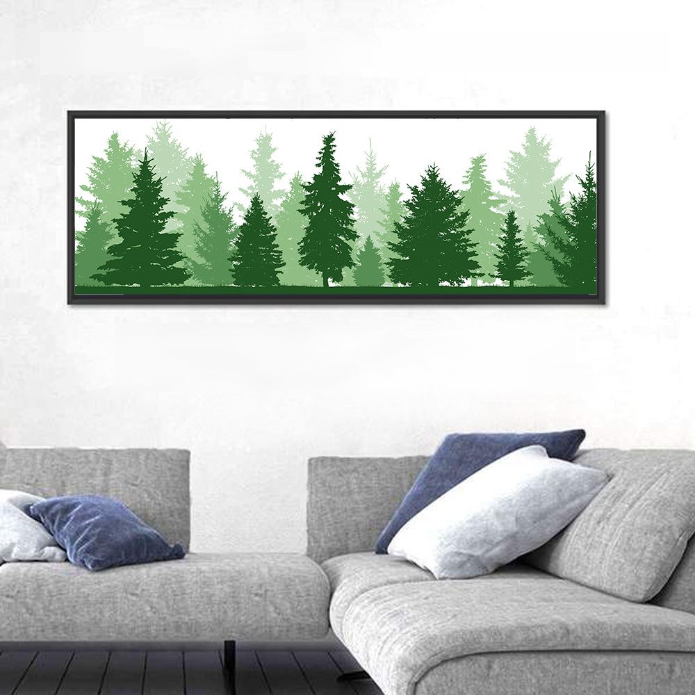Layered Pine Forest Silhouette Wall Art in a room, panoramic