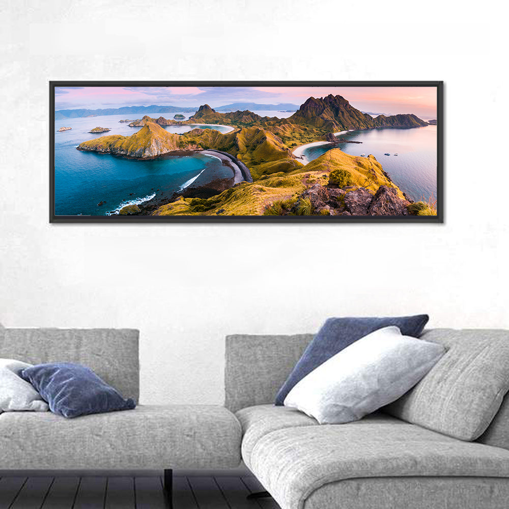 Padar Island Sunrise View Wall Art in a room, panoramic