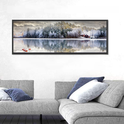 Red Cottage by a Frozen Lake Wall Art