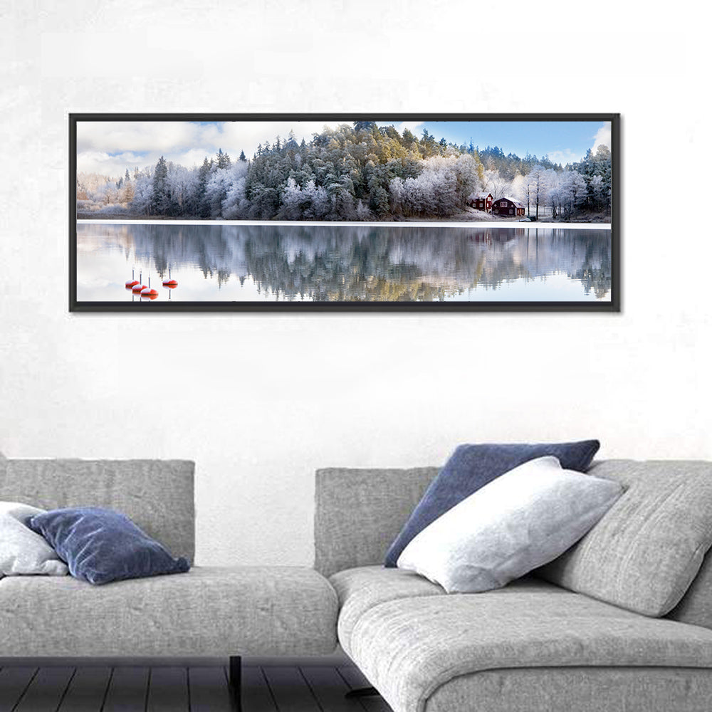 Red Cottages on Winter Lake Wall Art in a room, panoramic