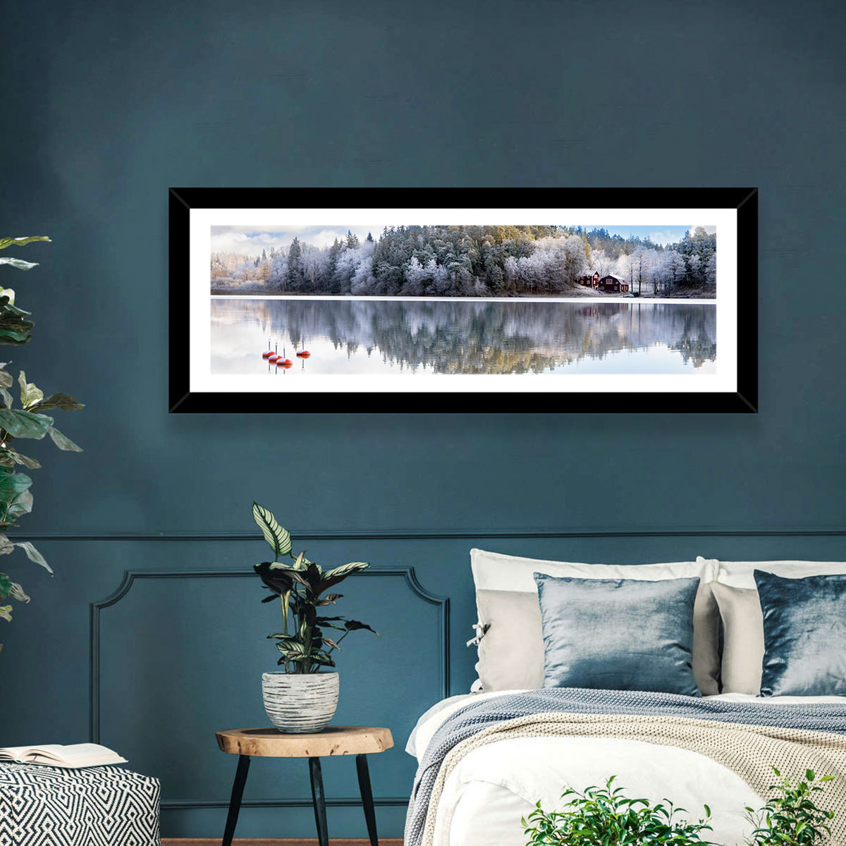 Red Cottages on Winter Lake Wall Art