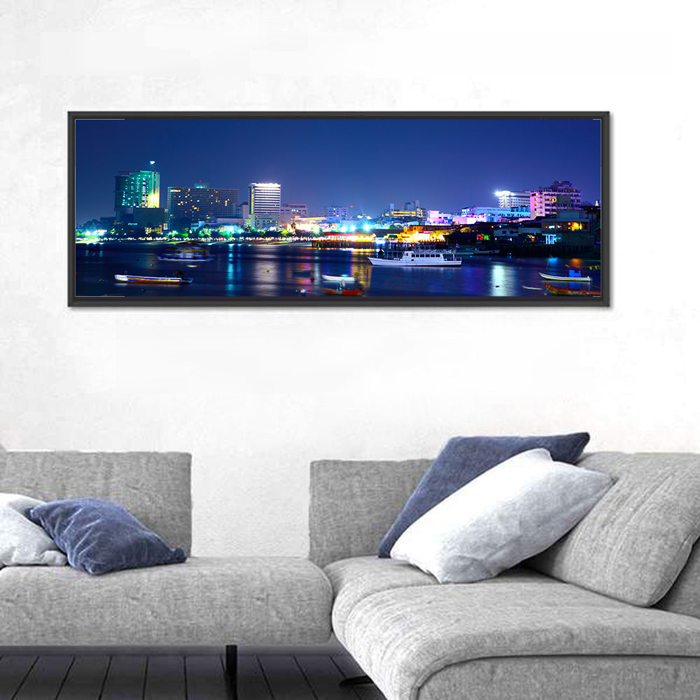 Pattaya Bay Night Skyline Wall Art in a room, panoramic