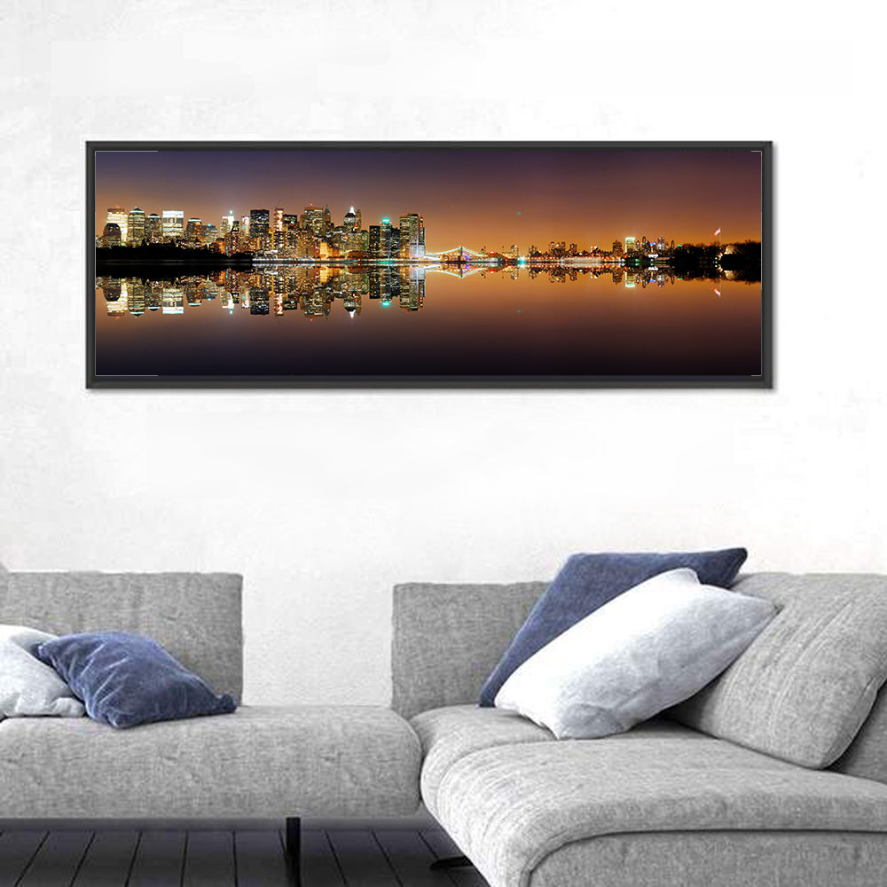 Manhattan Twilight Reflection Wall Art in a room, panoramic