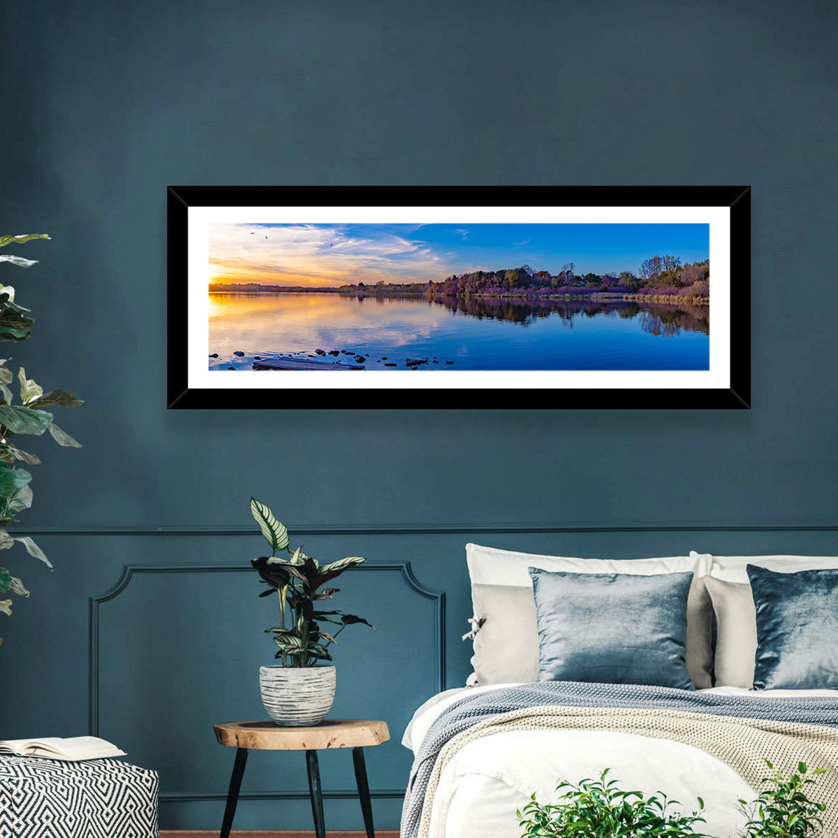 Lake Zorinsky Sunset Reflection Wall Art in a room, panoramic