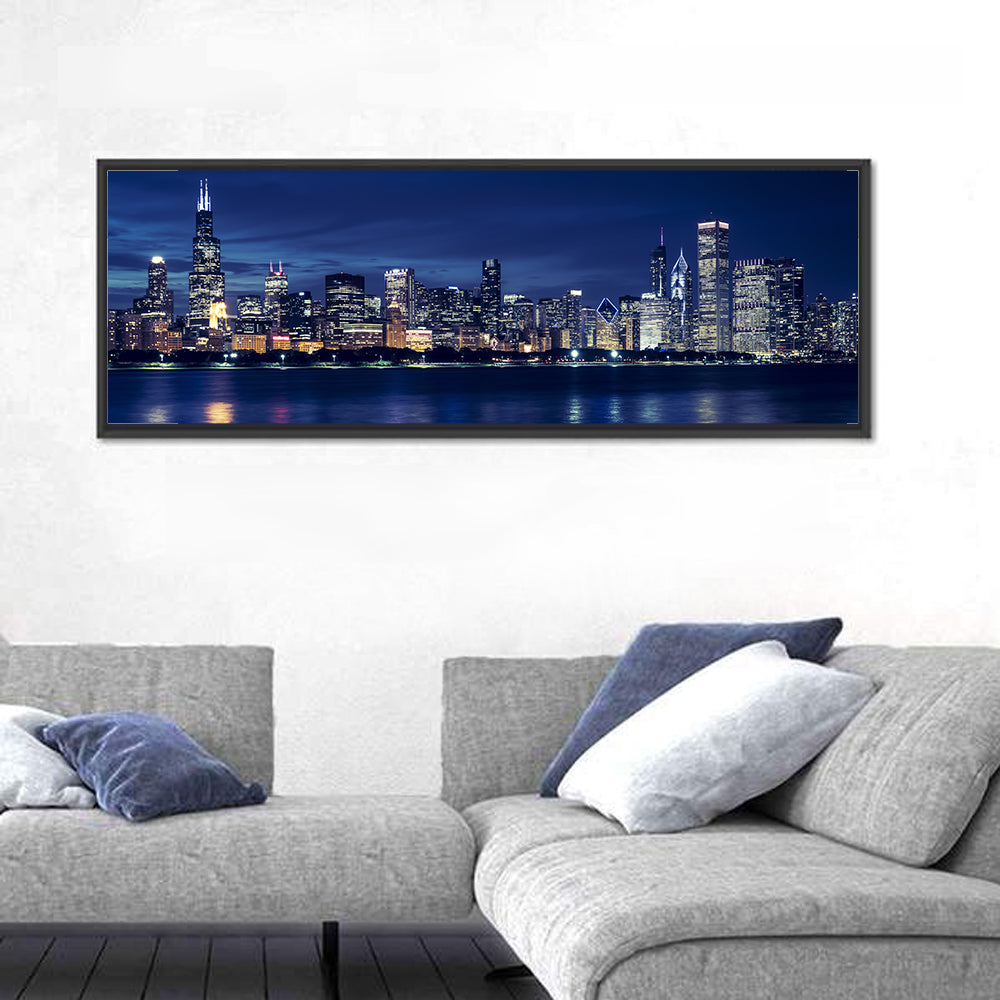 Chicago Night Skyline with Willis Tower Wall Art in a room, panoramic