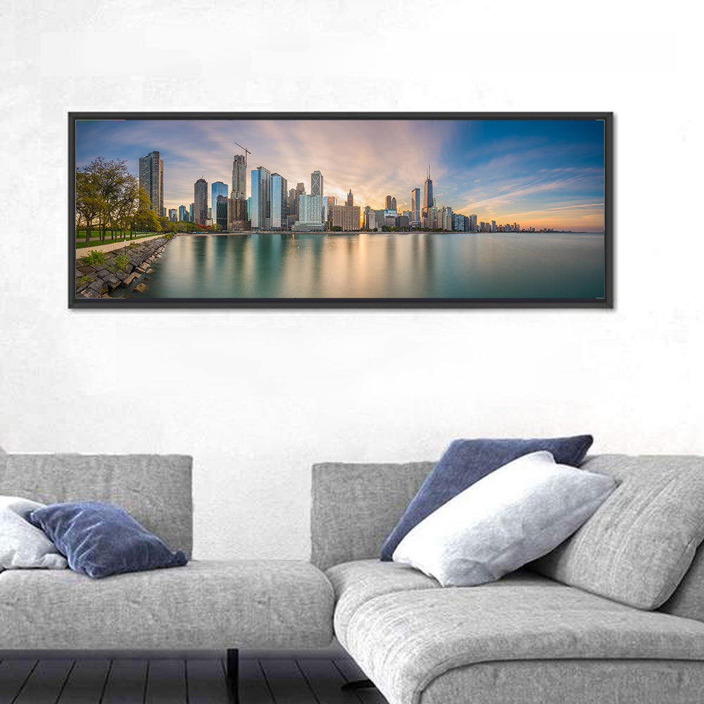 Chicago Skyline at Golden Hour Wall Art in a room, panoramic