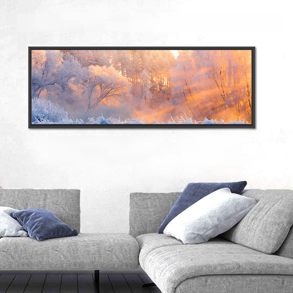 Sunlit Winter Forest Wall Art in a room, panoramic