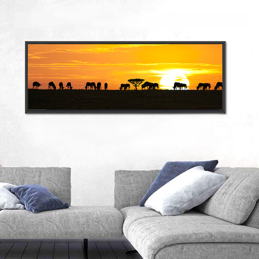 Wildebeest Silhouettes at Sunset Wall Art