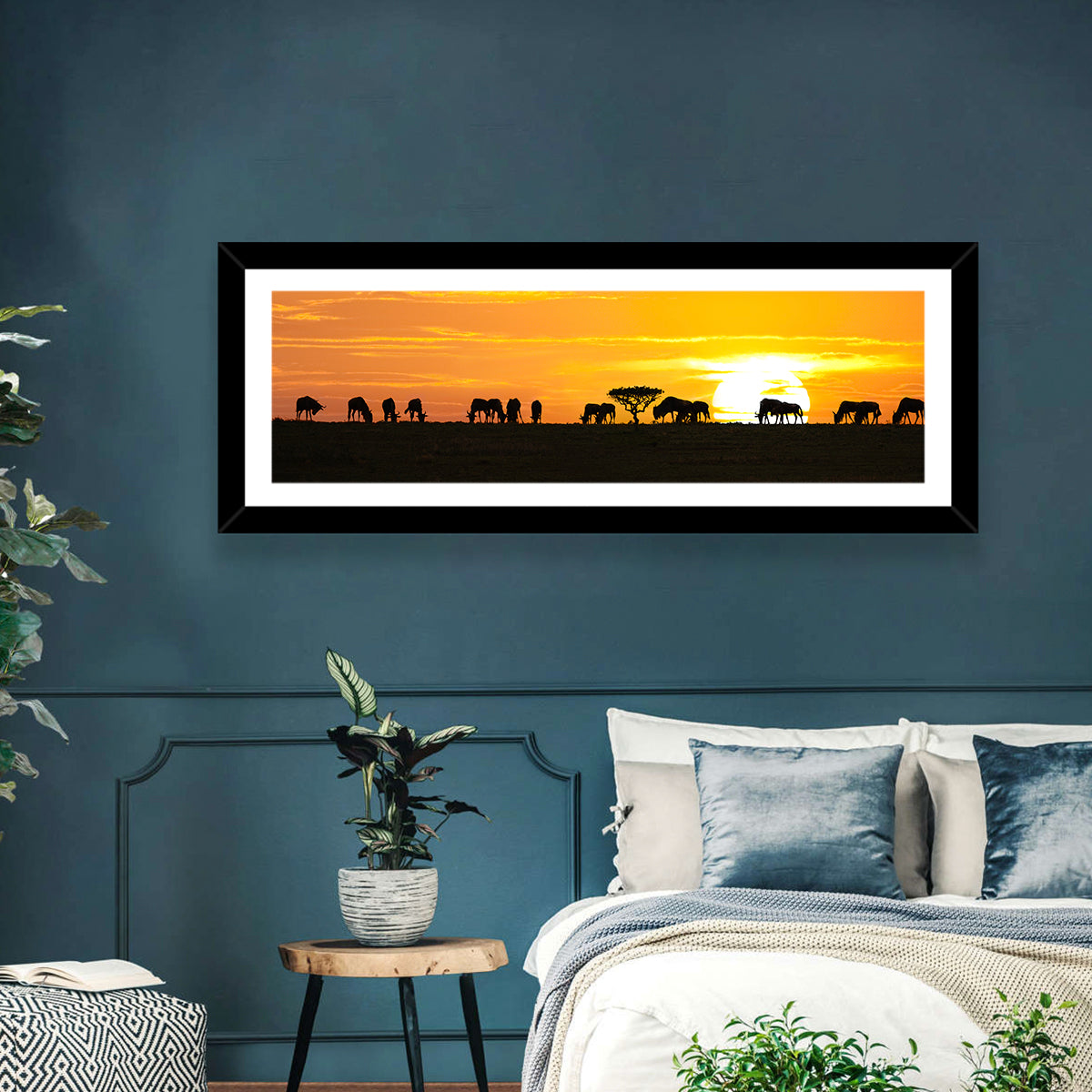 Wildebeest Silhouettes at Sunset Wall Art