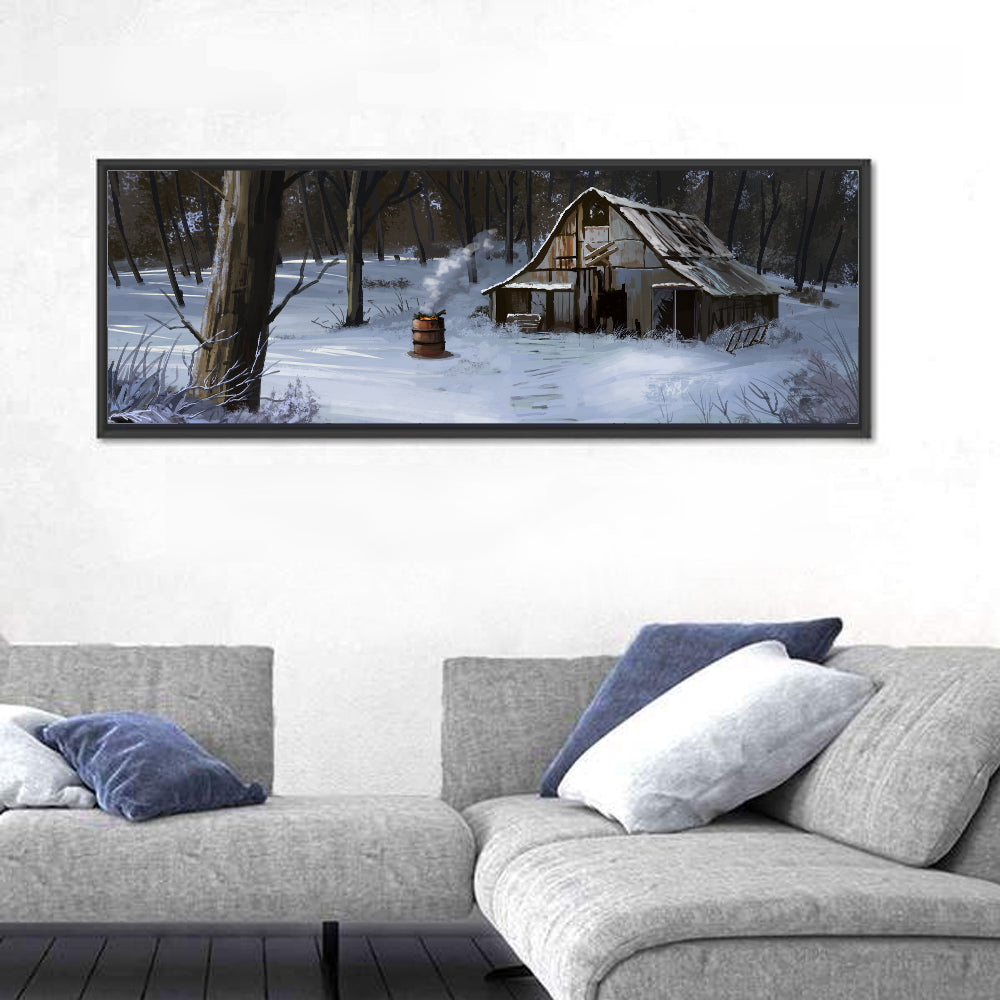 Snowy Barn in Winter Forest Wall Art in a room, panoramic