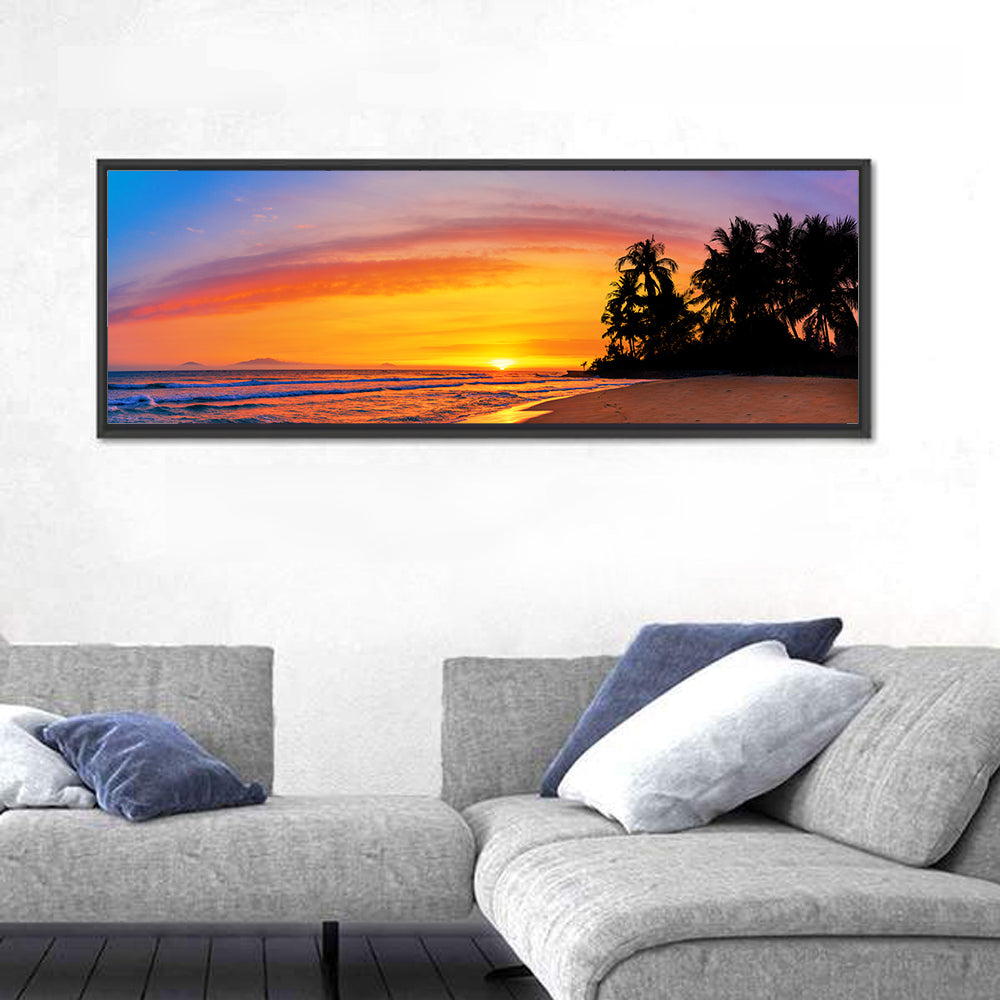 Tropical Beach Sunset Wall Art in a room, panoramic