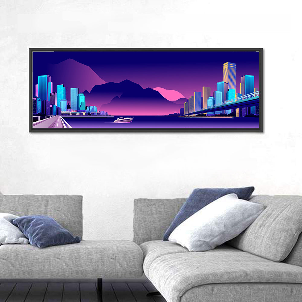 Purple Harbor Skyline Wall Art in a room, panoramic