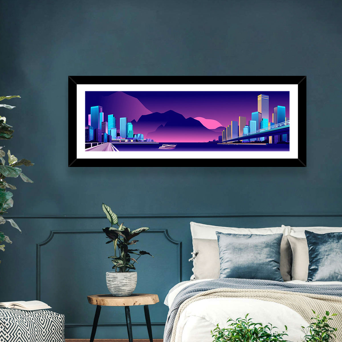 Purple Harbor Skyline Wall Art in a room, panoramic