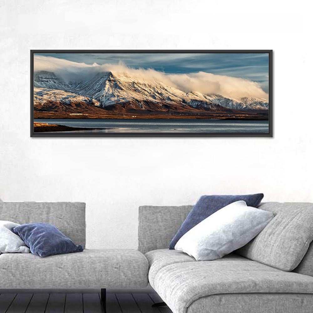 Reykjavik Golden Hour Mountains Wall Art in a room, panoramic