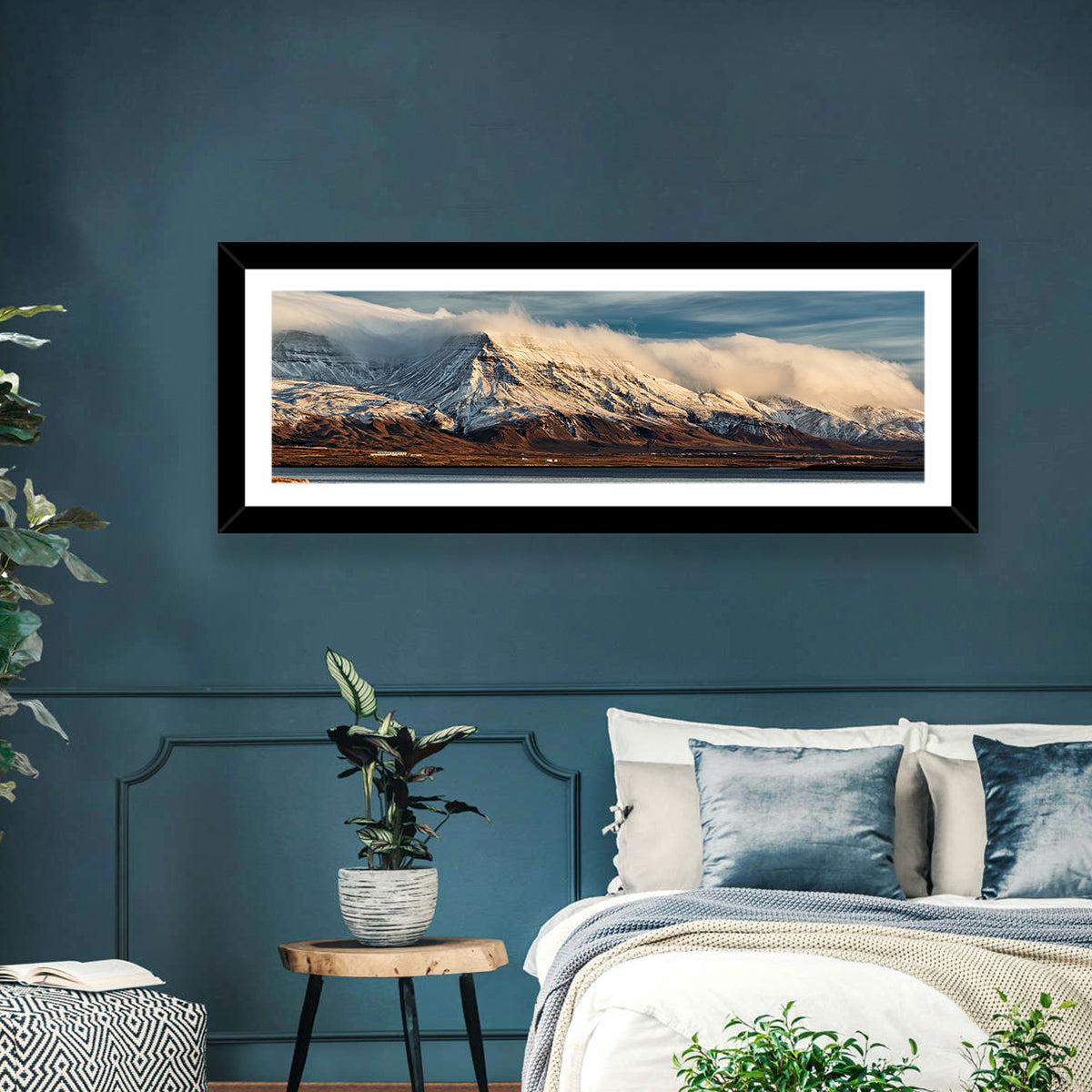 Reykjavik Golden Hour Mountains Wall Art in a room, panoramic