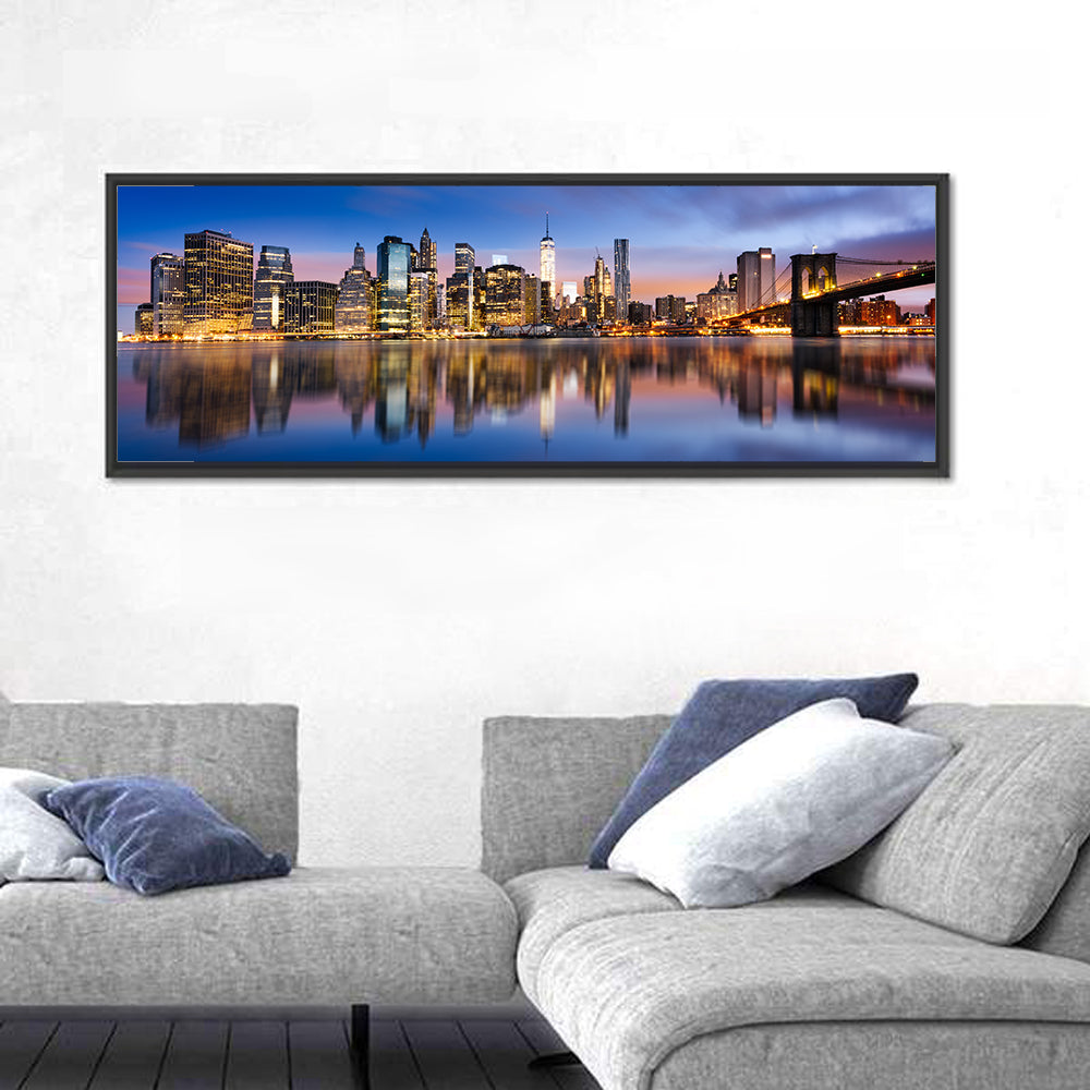 Manhattan Skyline at Twilight Wall Art in a room, panoramic