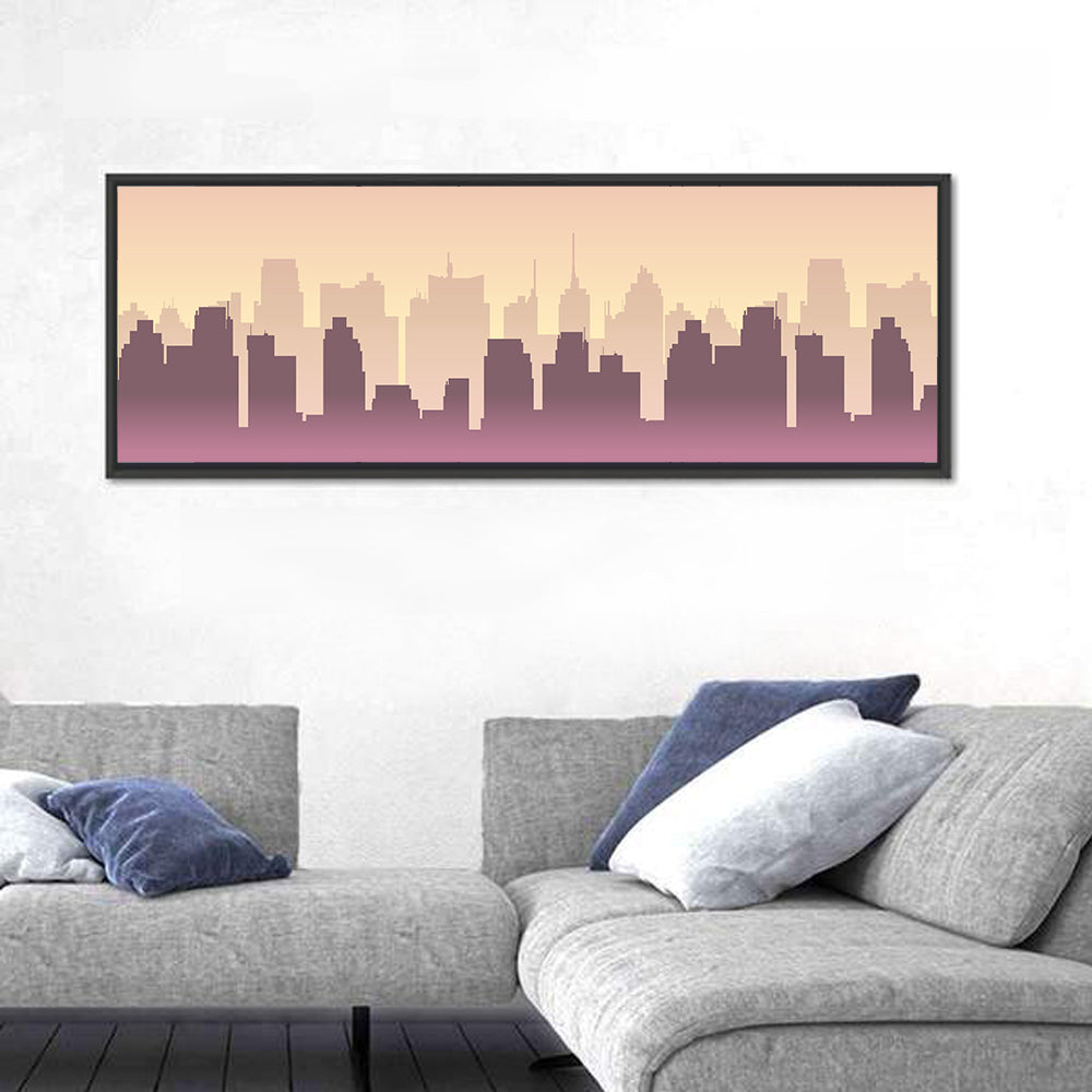 Silhouetted City Skyline Wall Art in a room, panoramic