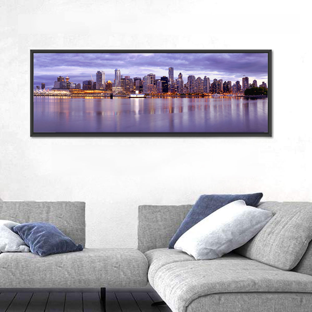 Vancouver Skyline at Twilight Wall Art in a room, panoramic