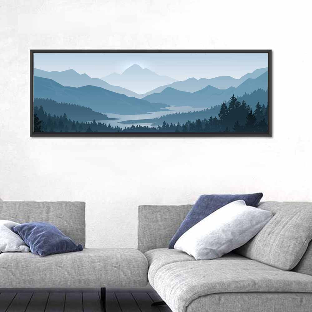 Misty Mountain Lake Silhouette Wall Art in a room, panoramic