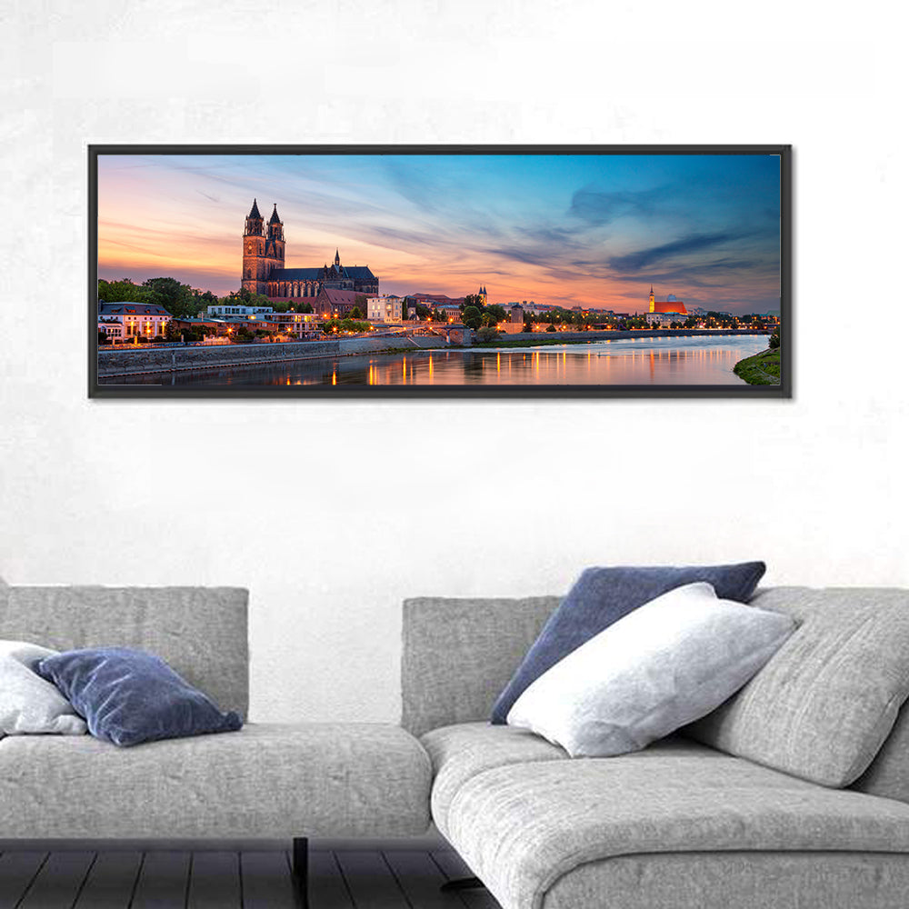 Magdeburg Cathedral at Dusk Wall Art in a room, panoramic