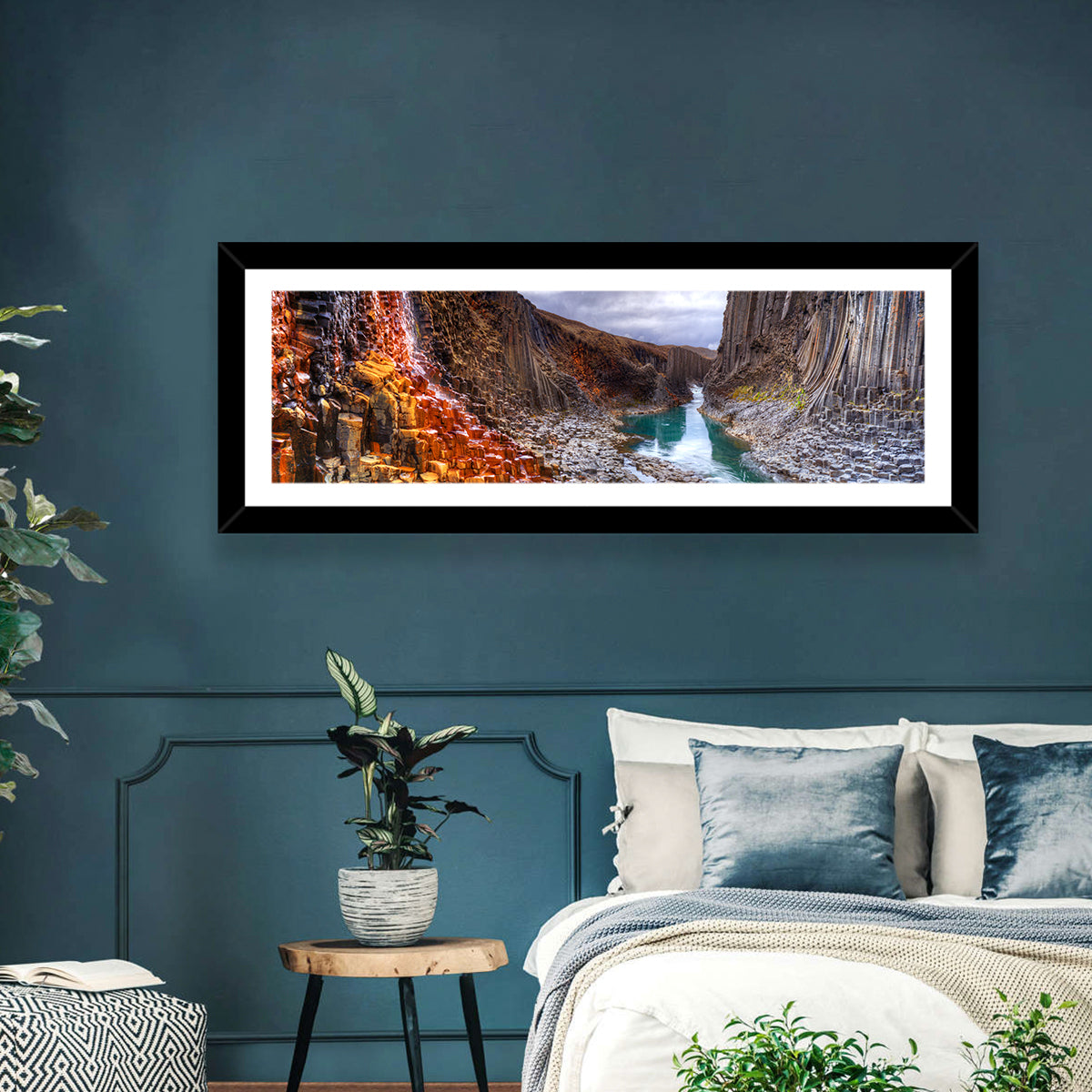 Studlagil Canyon Basalt Columns Wall Art in a room, panoramic
