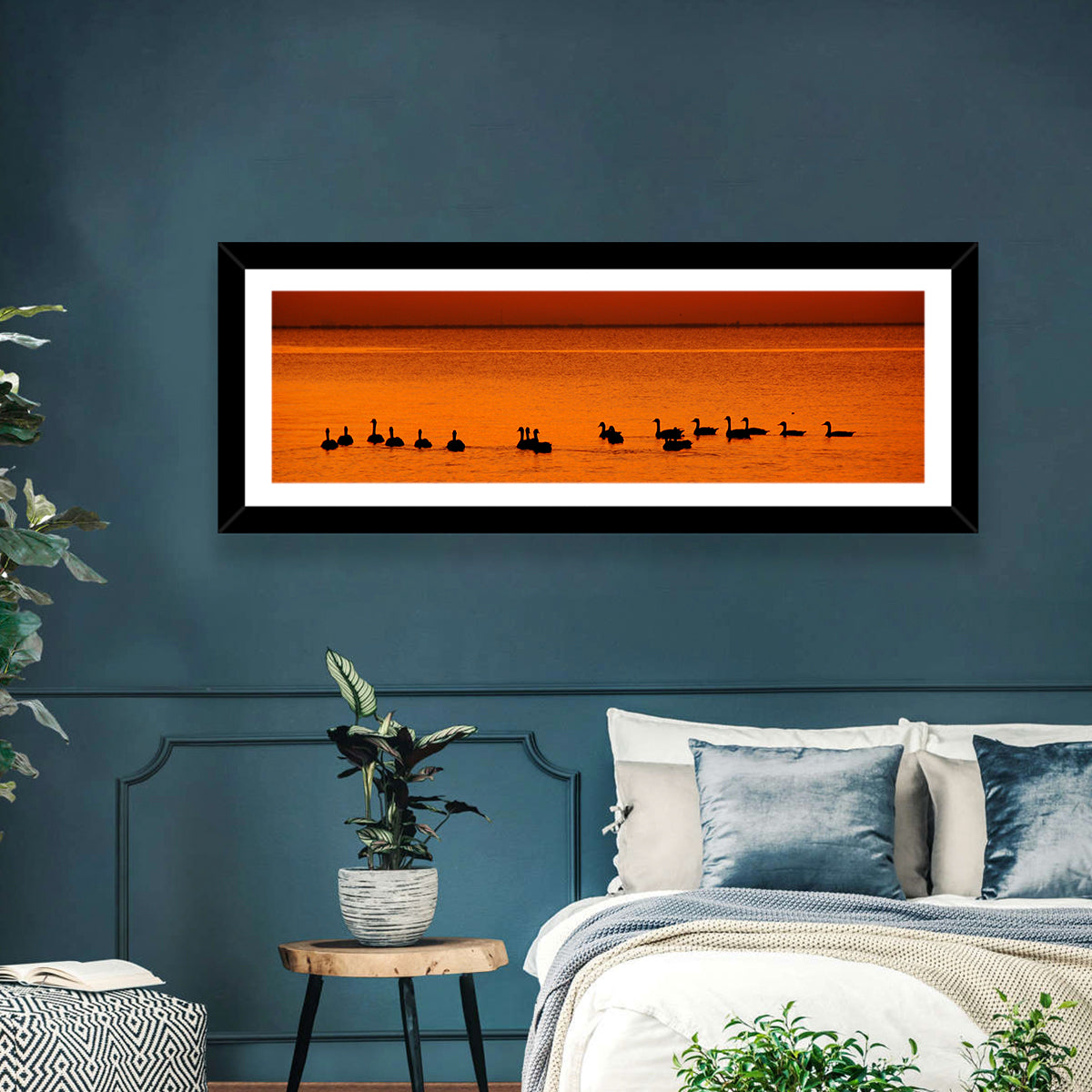 Geese Silhouettes at Orange Sunset Wall Art
