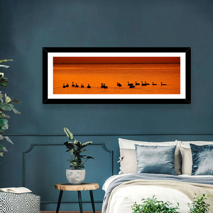 Geese Silhouettes at Orange Sunset Wall Art