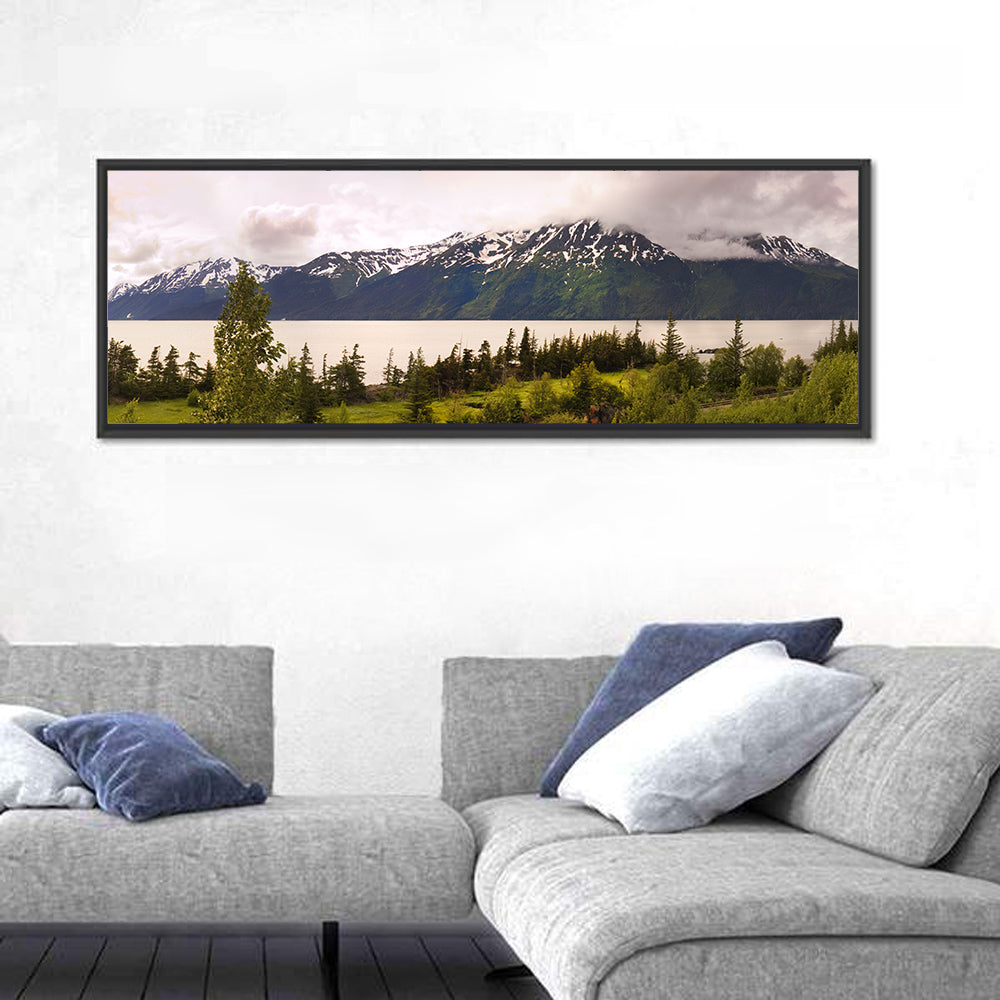 Alaska Mountain Lake View Wall Art in a room, panoramic