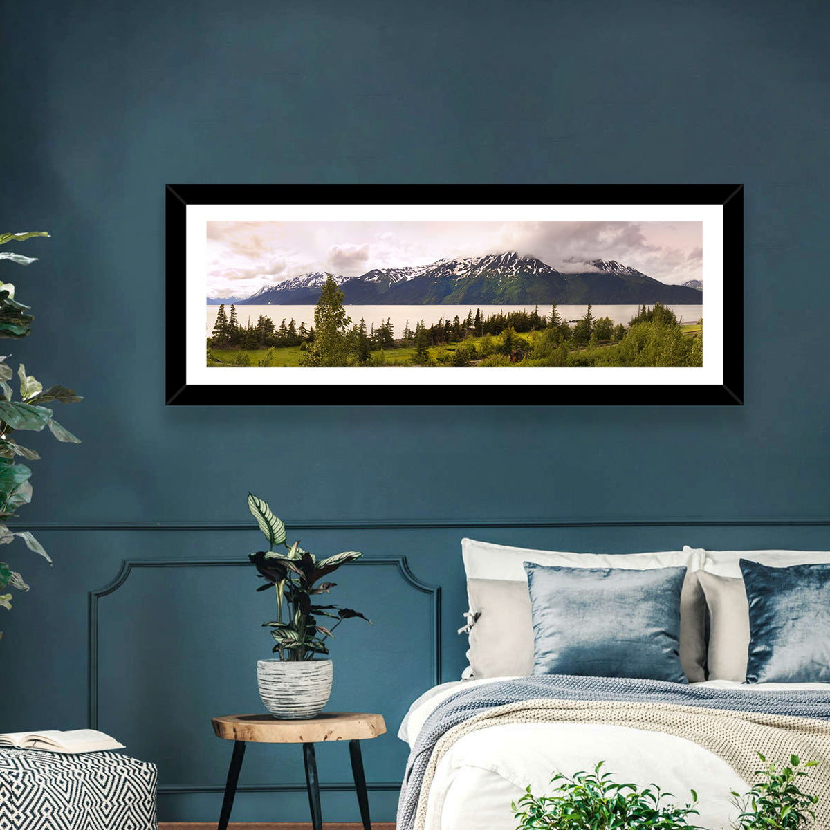 Alaska Mountain Lake View Wall Art in a room, panoramic