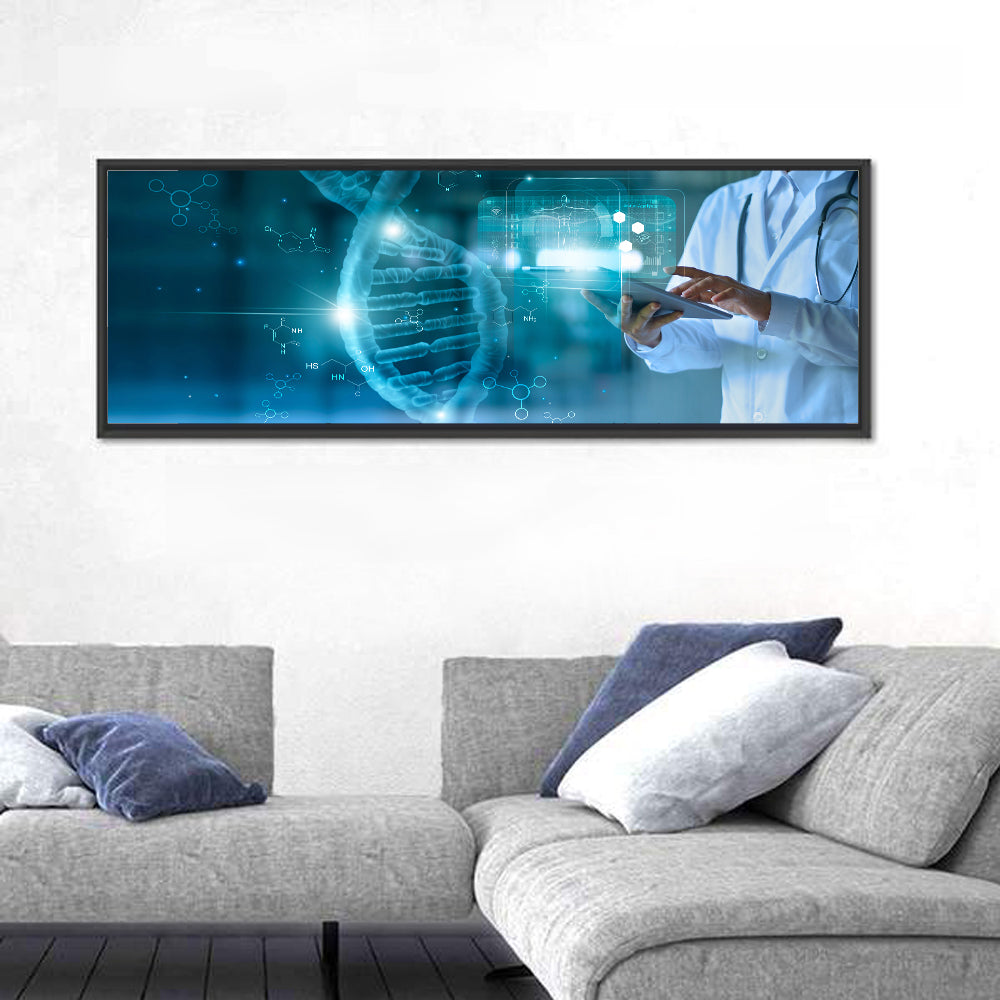Doctor with Dna Helix Wall Art in a room, panoramic