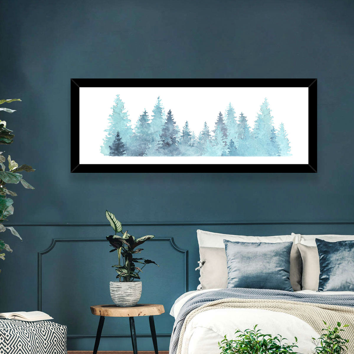Watercolor Pine Trees Wall Art in a room, panoramic