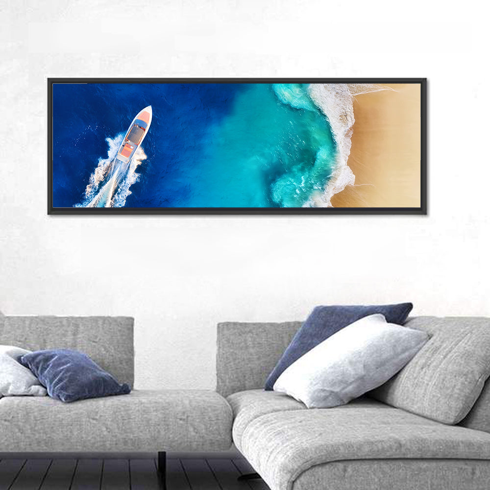 Speed Boat Over Turquoise Beach Wall Art in a room, panoramic