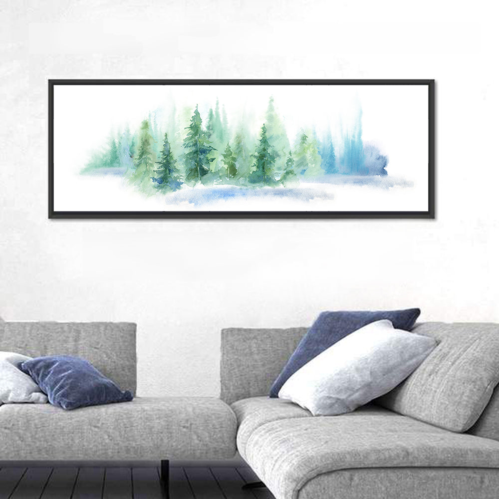 Misty Pine Forest Watercolor Wall Art in a room, panoramic