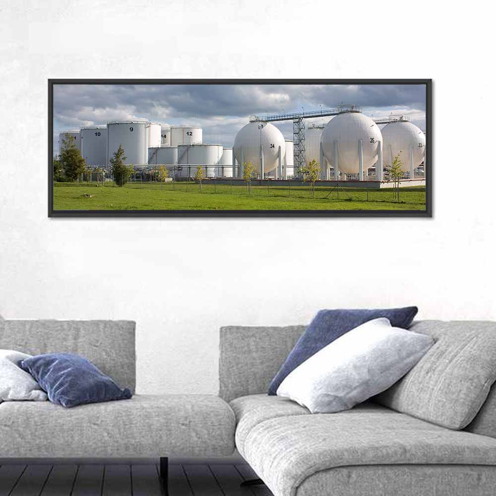 Numbered Industrial Storage Tanks Wall Art in a room, panoramic