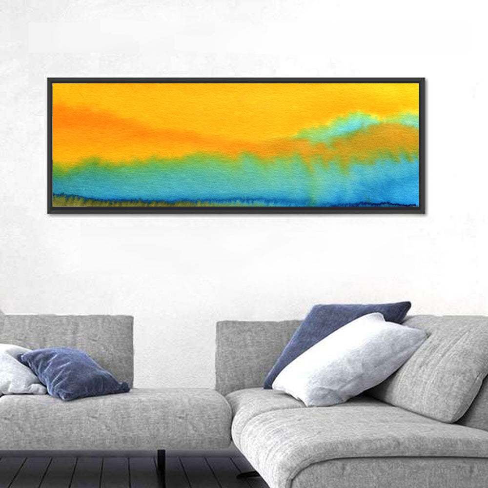 Sunset Horizon Watercolor Wall Art in a room, panoramic