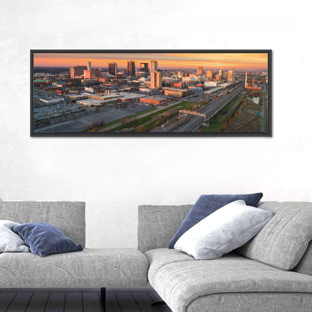 Birmingham Golden Hour Skyline Wall Art in a room, panoramic