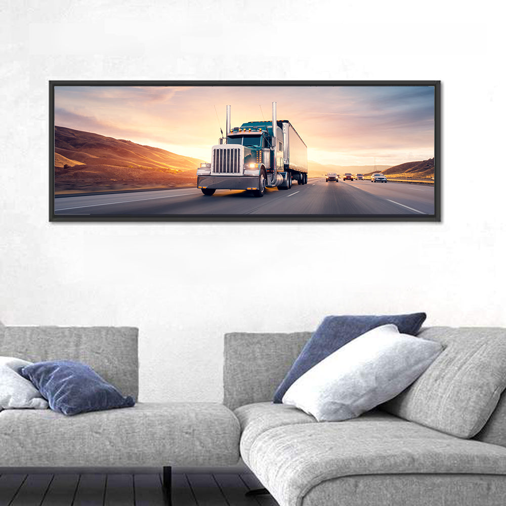 Semi Truck Highway Sunset Wall Art