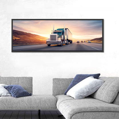 Semi Truck Highway Sunset Wall Art