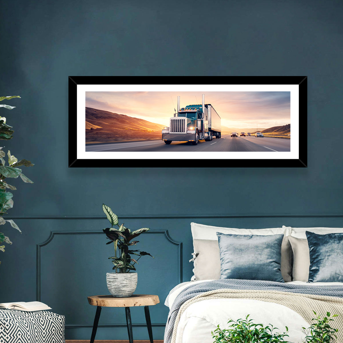 Semi Truck Highway Sunset Wall Art
