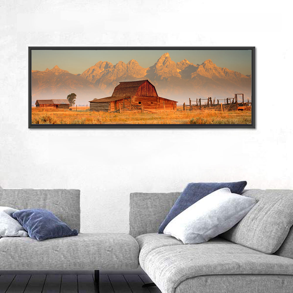 Moulton Barn, Grand Teton Wall Art in a room, panoramic