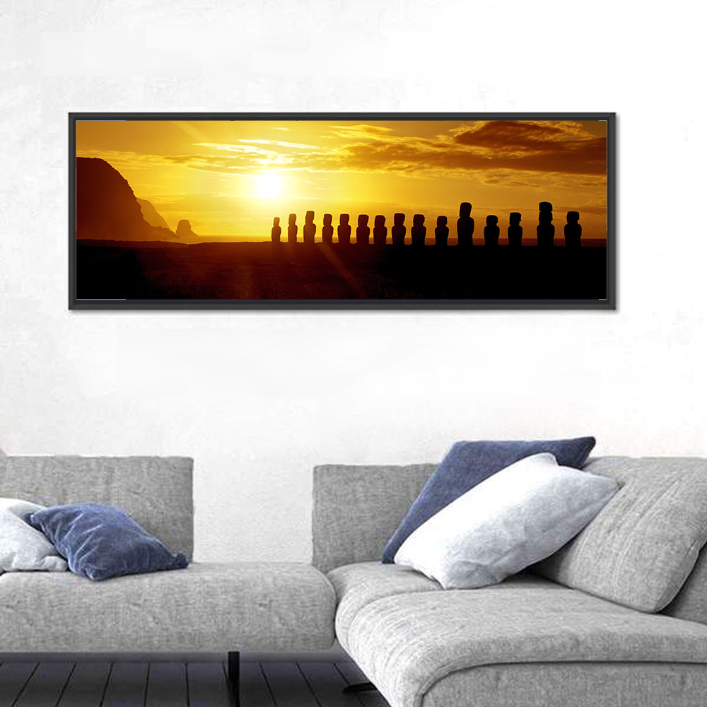 Easter Island Moai at Sunset Wall Art in a room, panoramic
