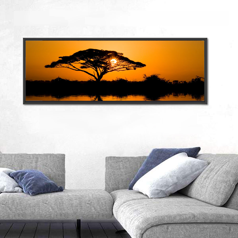 Acacia Tree at Sunrise Wall Art in a room, panoramic