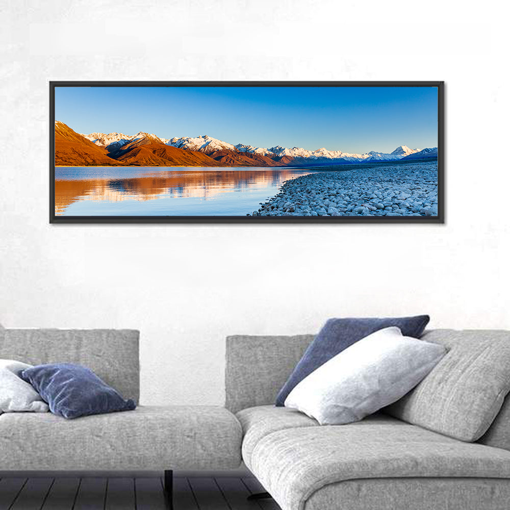 Lake Pukaki Sunset Reflection Wall Art in a room, panoramic