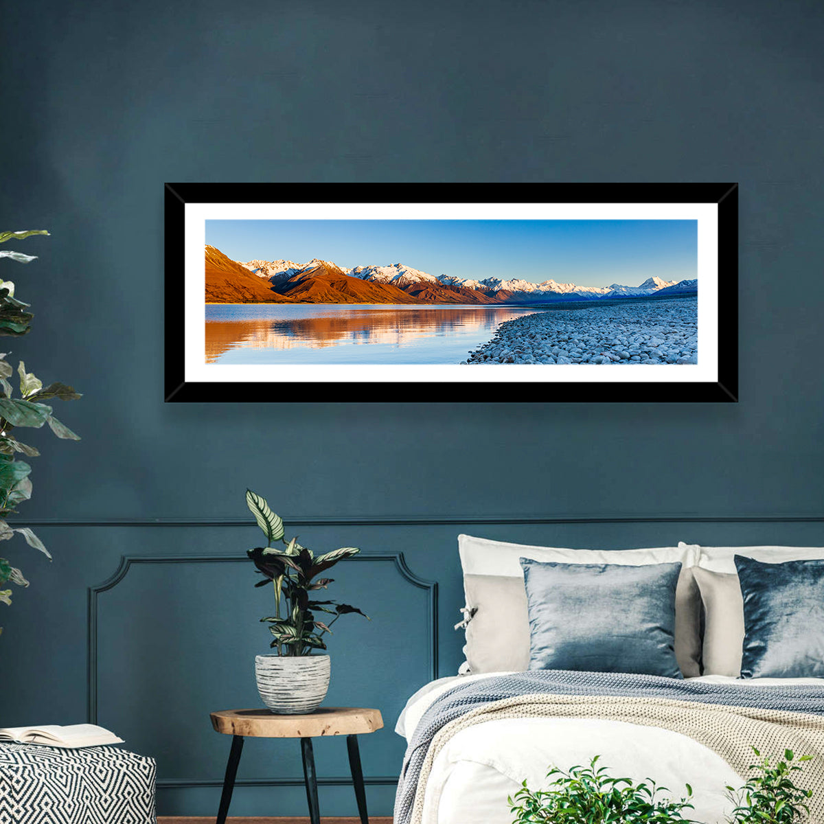 Lake Pukaki Sunset Reflection Wall Art in a room, panoramic