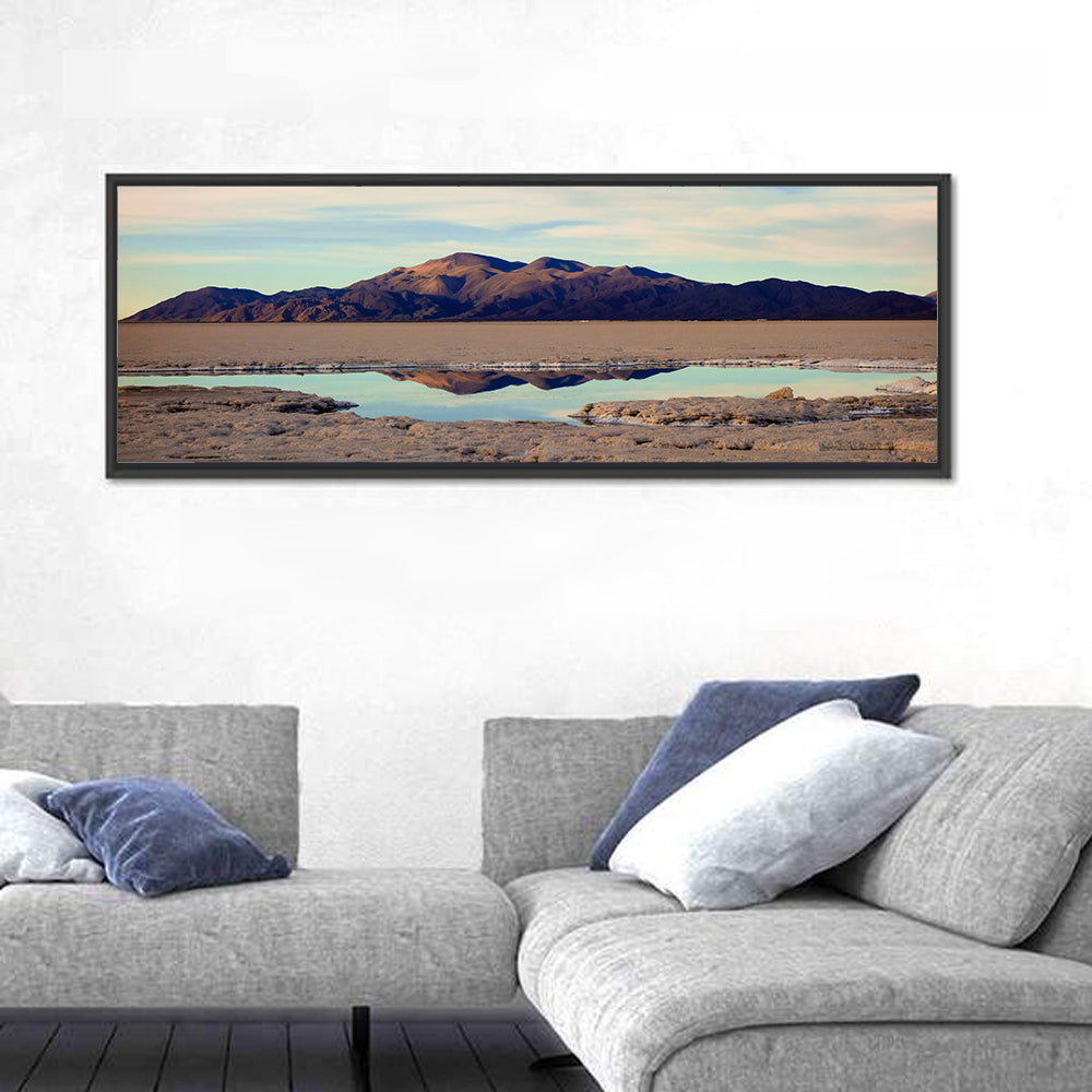 Salinas Grande Salt Flat Reflection Wall Art in a room, panoramic