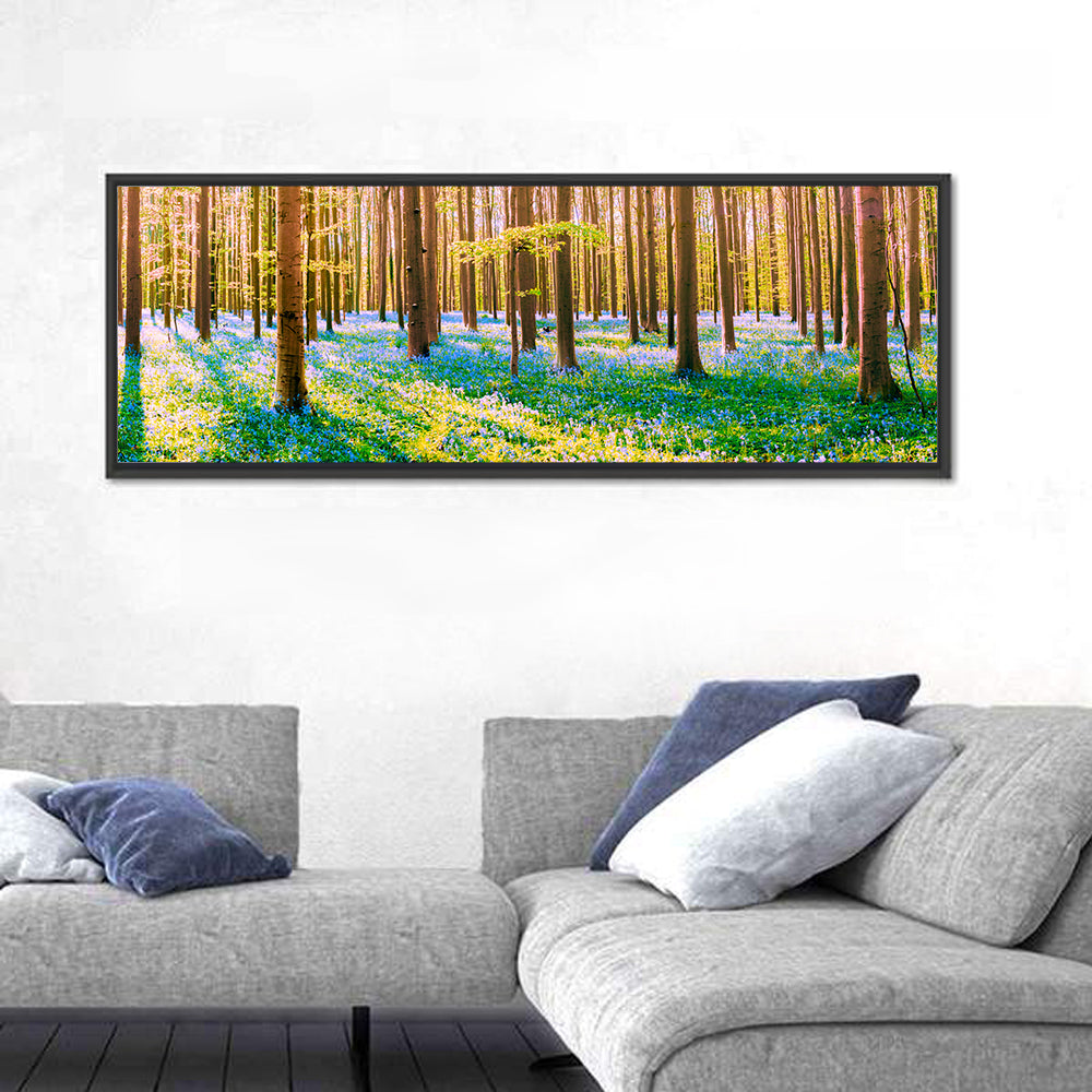Hallerbos Bluebell Forest Wall Art in a room, panoramic