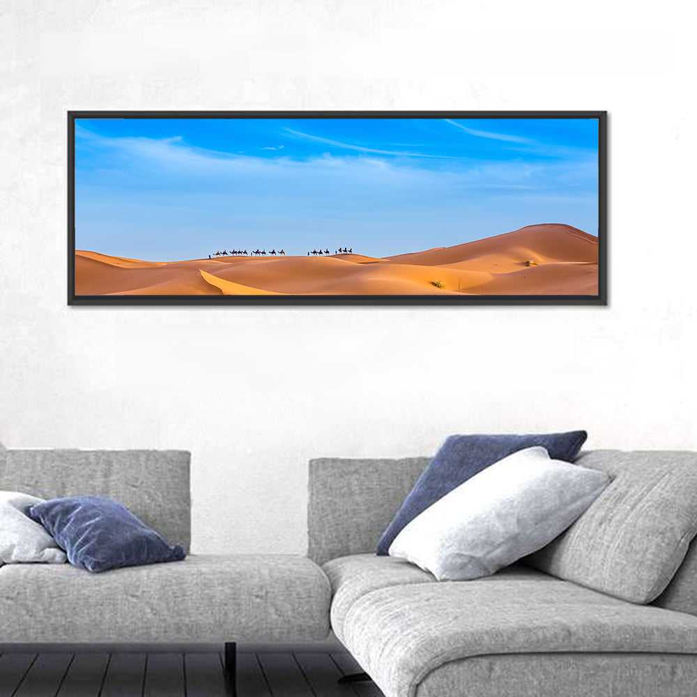 Merzouga Sand Dunes Wall Art in a room, panoramic