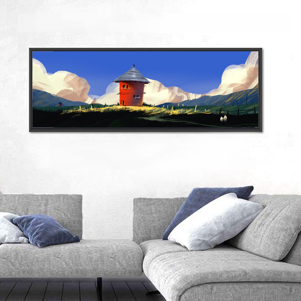 Red Tower in Meadow Wall Art in a room, panoramic